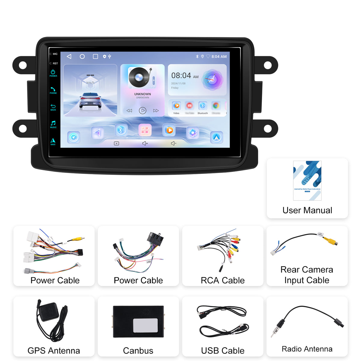 Android-Navigation SonorX A4233, Android 15-System, für Dacia und Renault, 7-Zoll-IPS-Bildschirm, 2 GB + 64 GB, CarPlay, Android Auto, Bluetooth, Wi-Fi, GPS, Schwarz